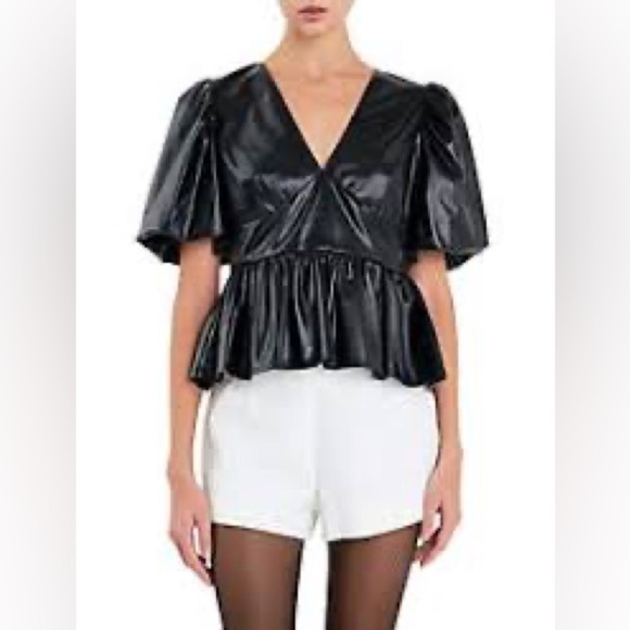 English Factory Black Faux Leather Peplum Top L - Picture 1 of 15